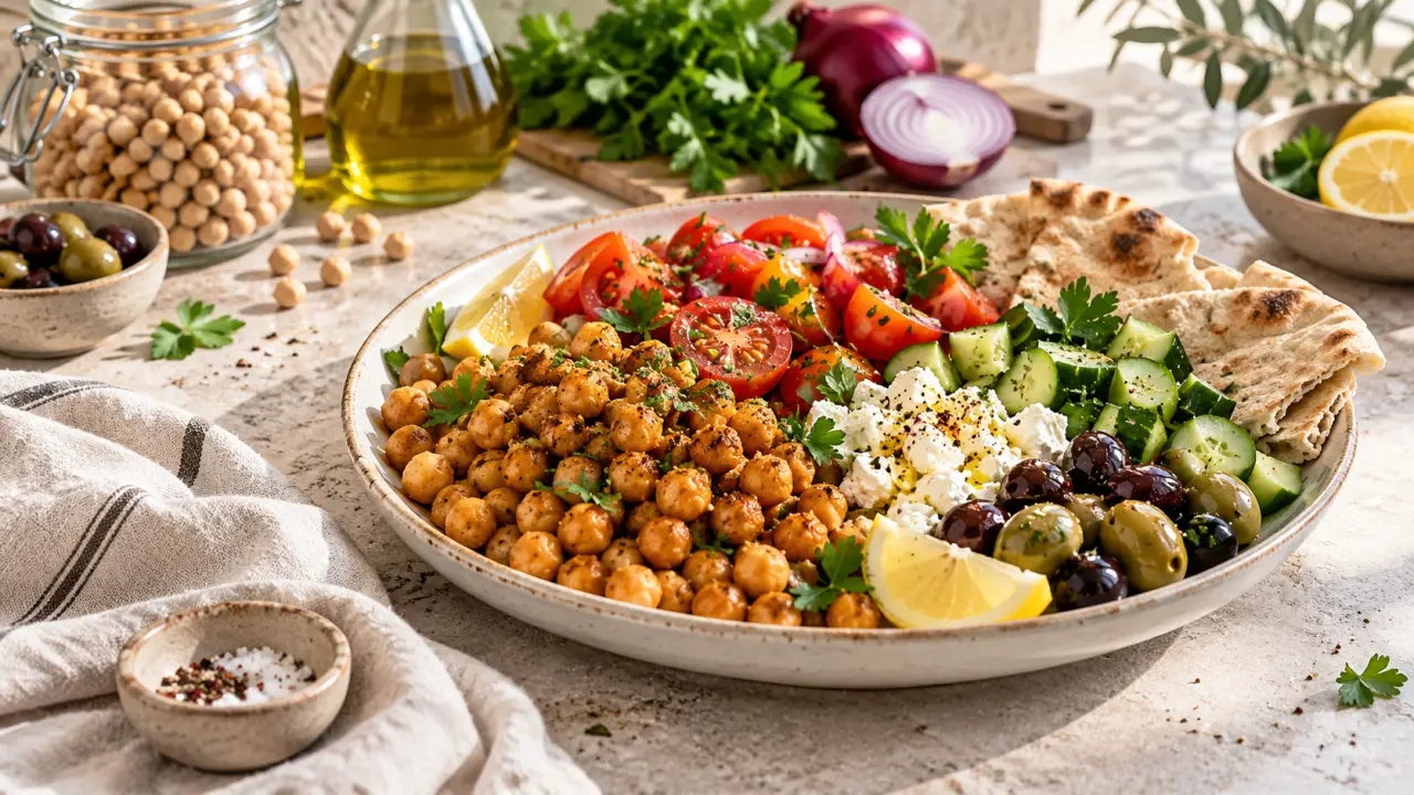 Assiette méditerranéenne colorée composée de légumes, légumineuses et céréales