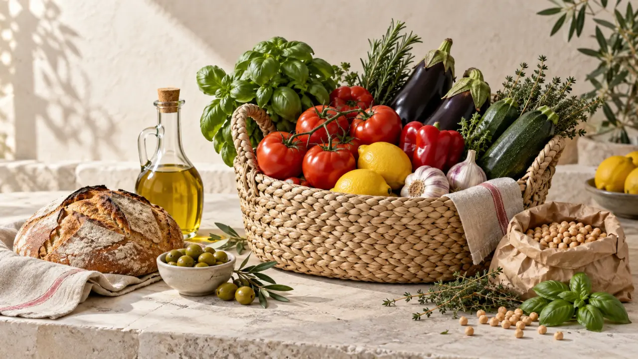 Panier de produits frais inspirés de la cuisine méditerranéenne