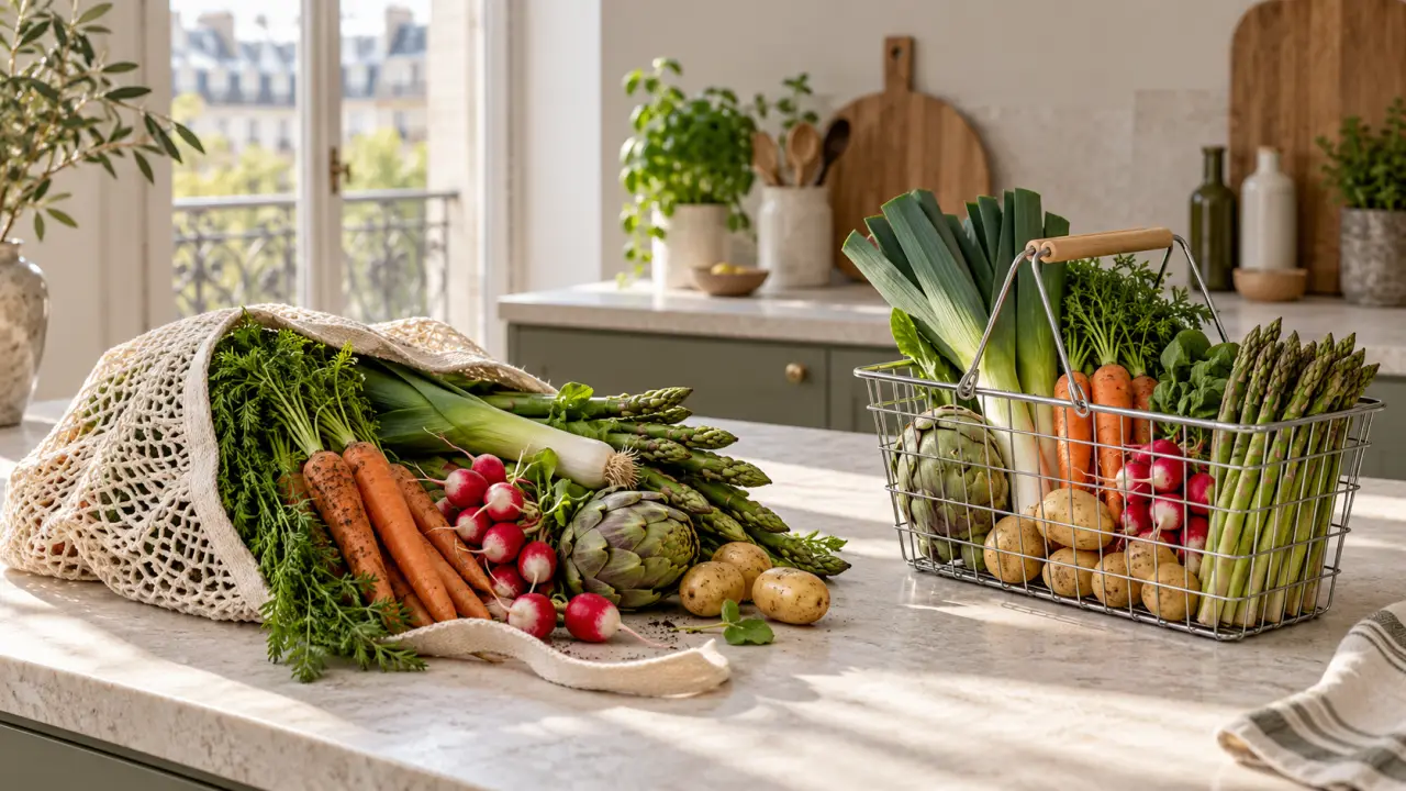 Légumes de saison disposés sur un étal minimaliste