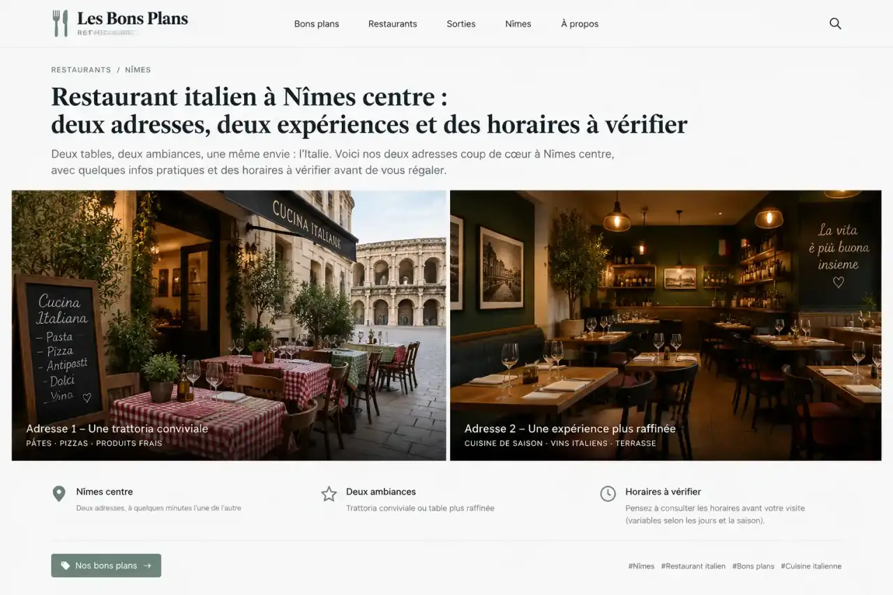 Restaurant italien à Nîmes centre : deux adresses, deux expériences et des horaires à vérifier