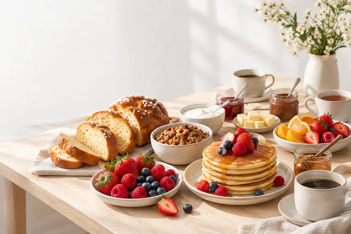 Brunch sucré maison avec pancakes, brioche, fruits frais et granola