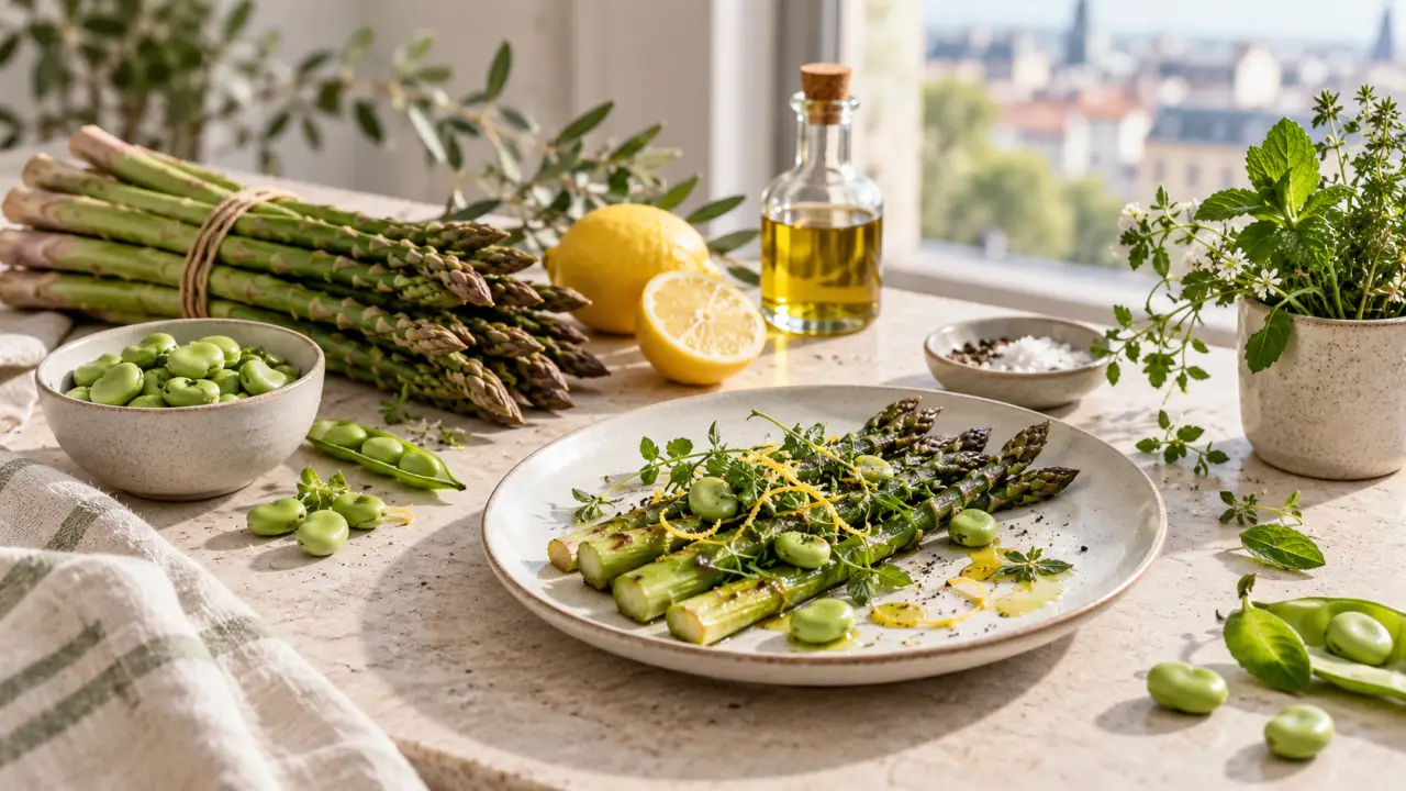 Assiette printanière d'asperges et de fèves sur une table claire