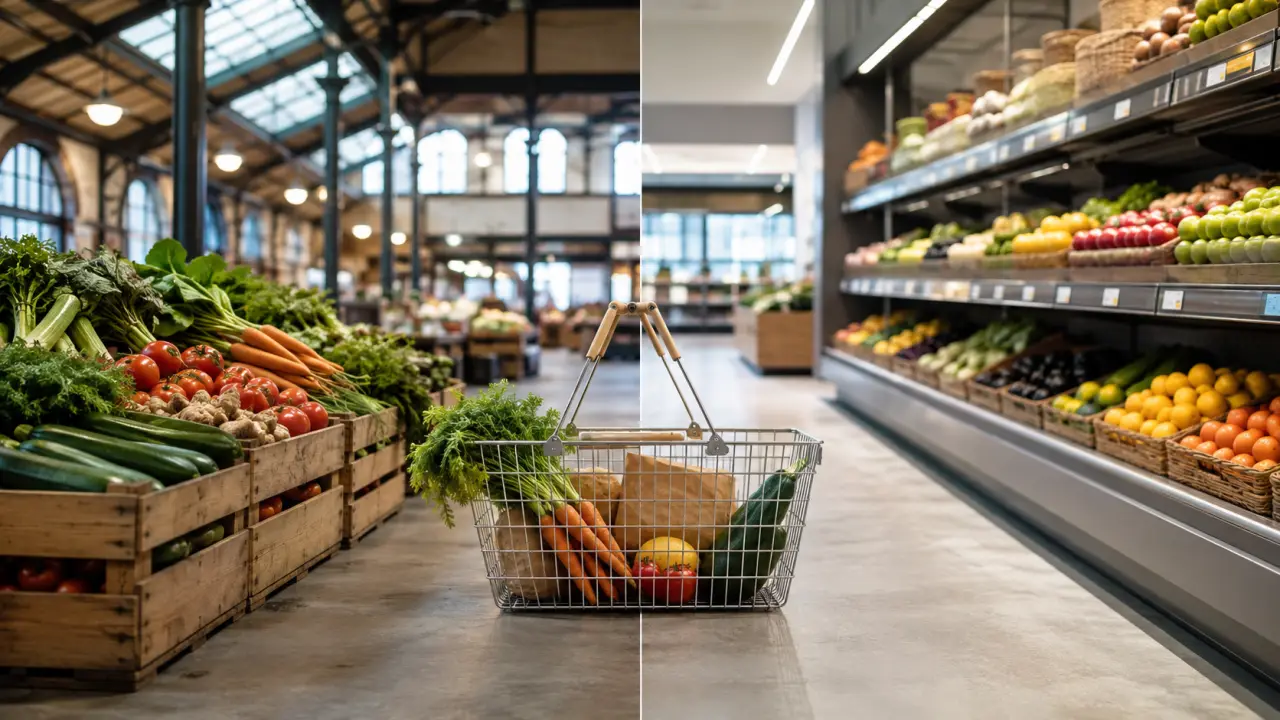 Étals de produits frais dans un marché couvert face à un panier de courses