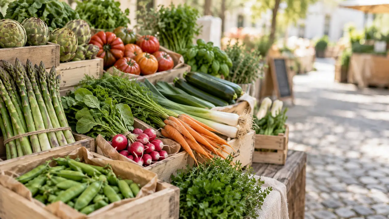 Légumes de saison disposés sur un étal de marché