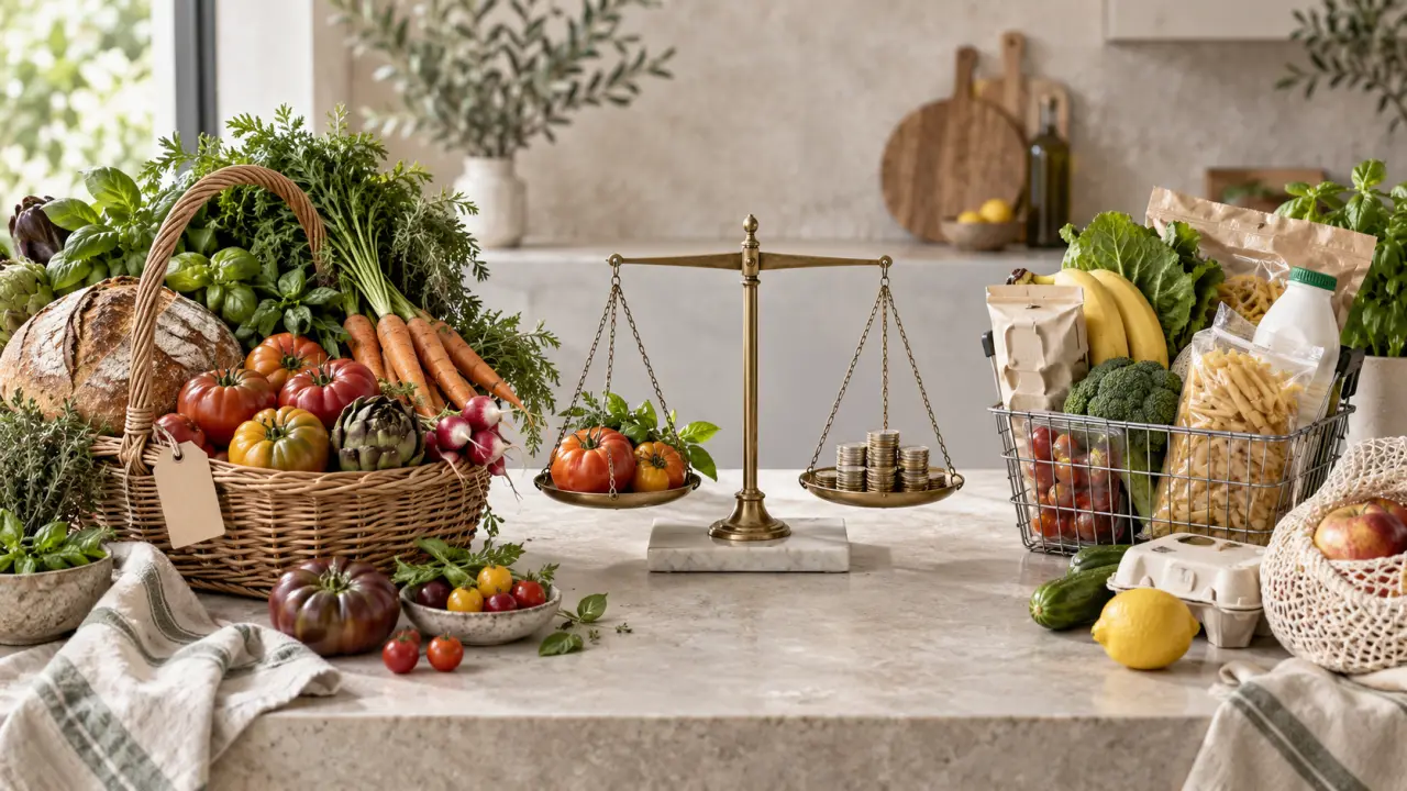 Légumes frais disposés sur une table claire, entre marché et courses alimentaires