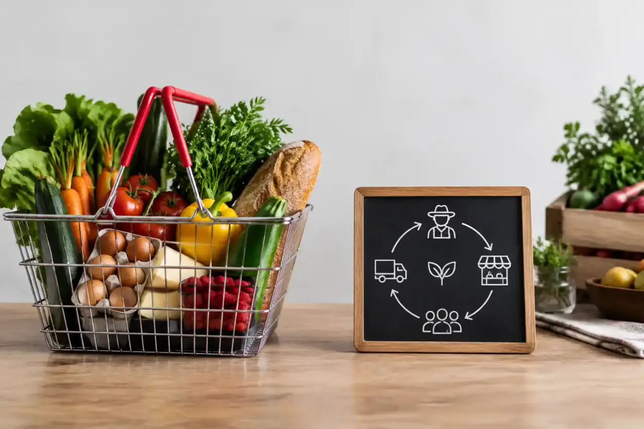 Panier de légumes de saison posé sur une table claire