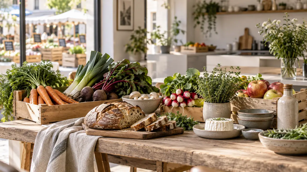 Assiette contemporaine composée de produits locaux et de saison