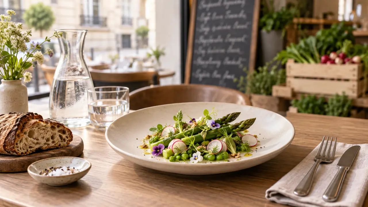 Assiette gastronomique composée de produits frais de saison sur une table claire