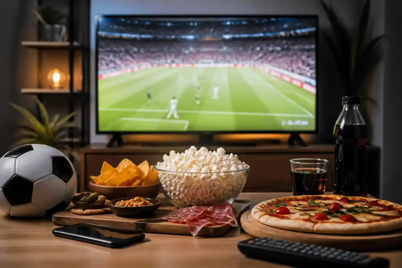 Plateau de petits plats et boissons disposés sur une table basse pour une soirée de match, composition minimaliste vue de dessus