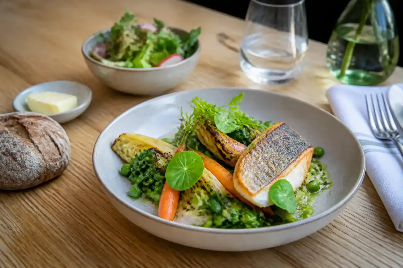 Vue de dessus d’un menu locavore minimaliste servi sur une table claire