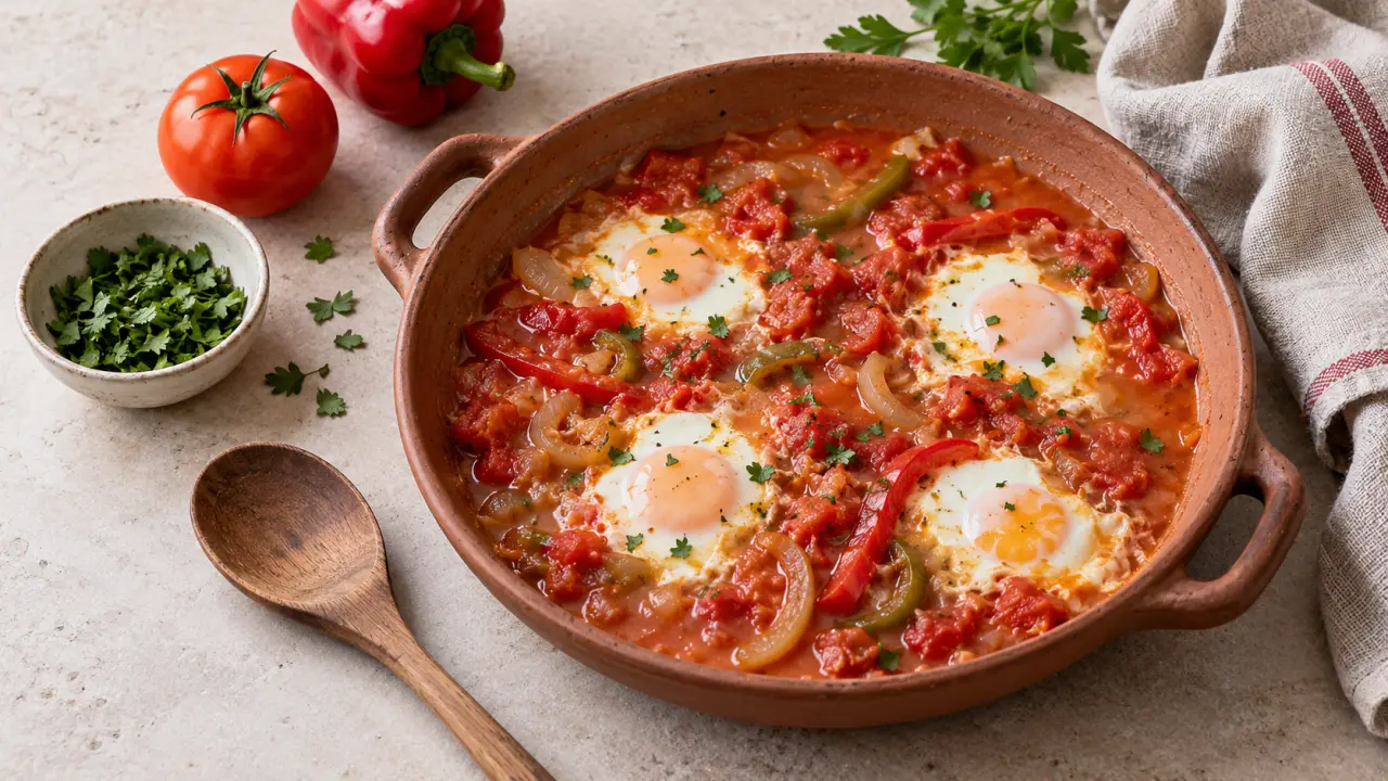 Chakchouka colorée dans une poêle, avec tomates, poivrons et œufs