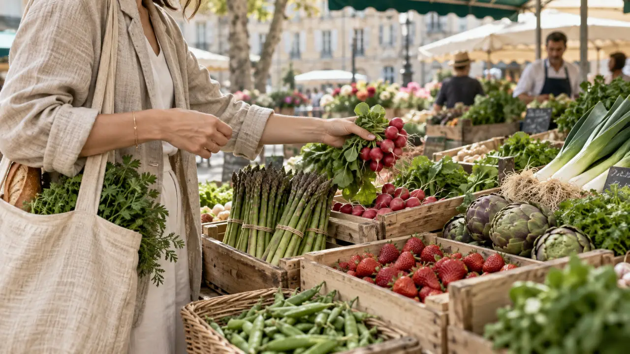 Étals de fruits et légumes frais sur un marché de saison