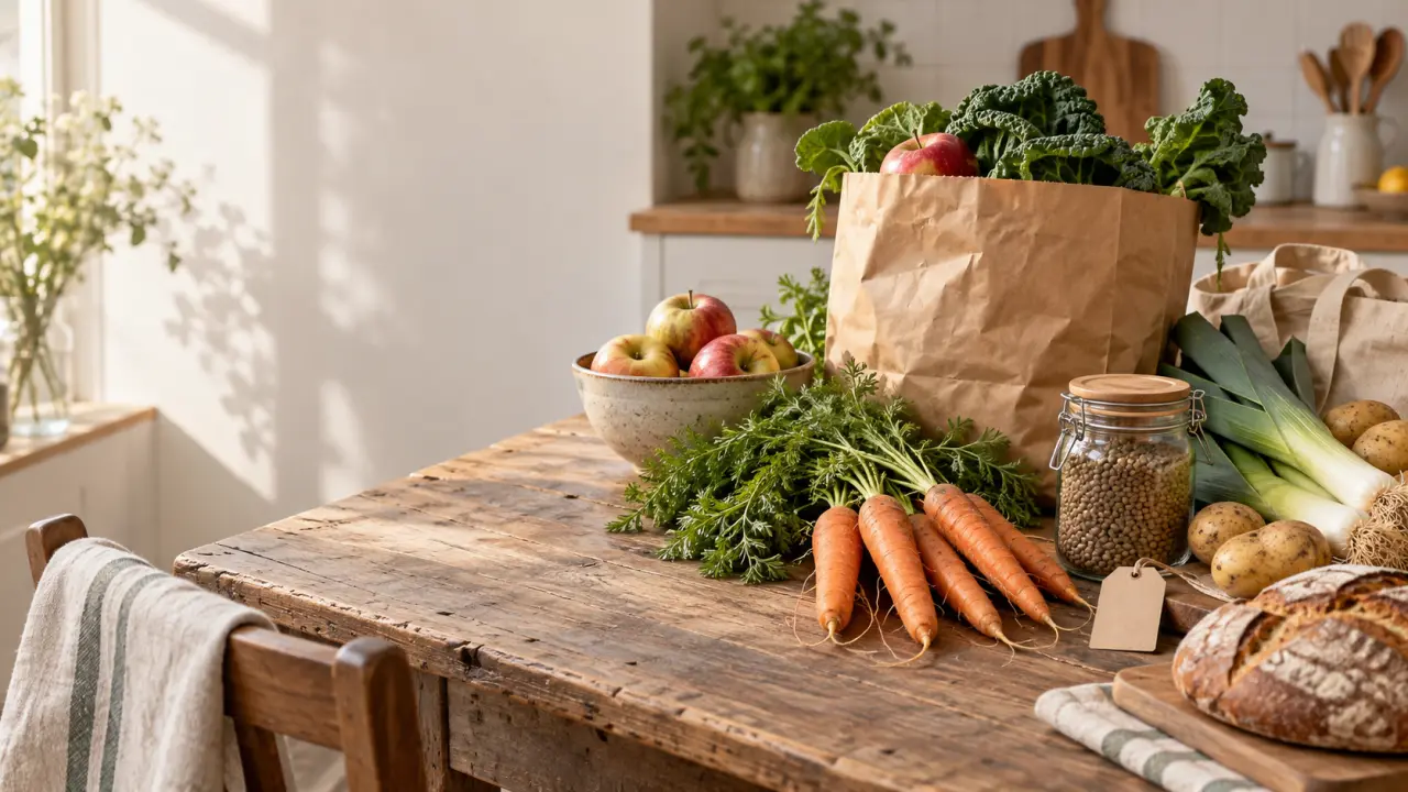 Produits frais de saison disposés sur une table claire