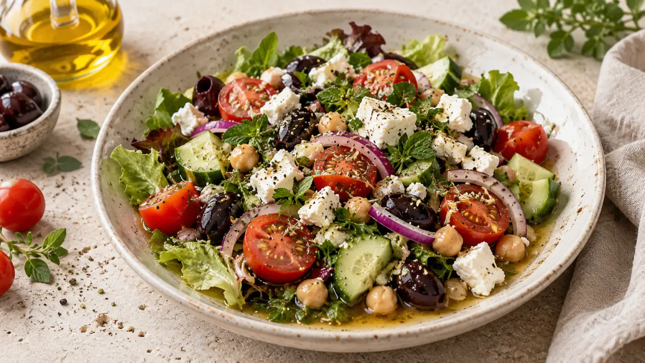 Salade méditerranéenne colorée composée de tomates, concombre, olives et herbes fraîches