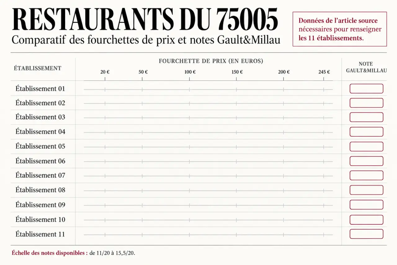 Infographie des prix et notes des restaurants 75005 à comparer