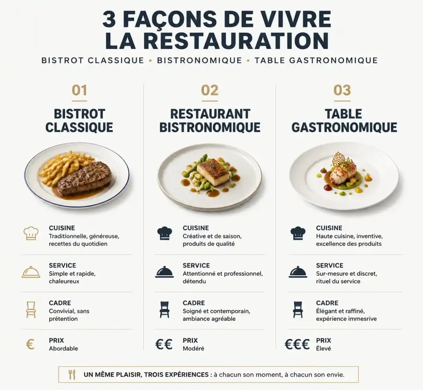 Infographie comparant restaurant bistronomique, bistrot classique et table gastronomique