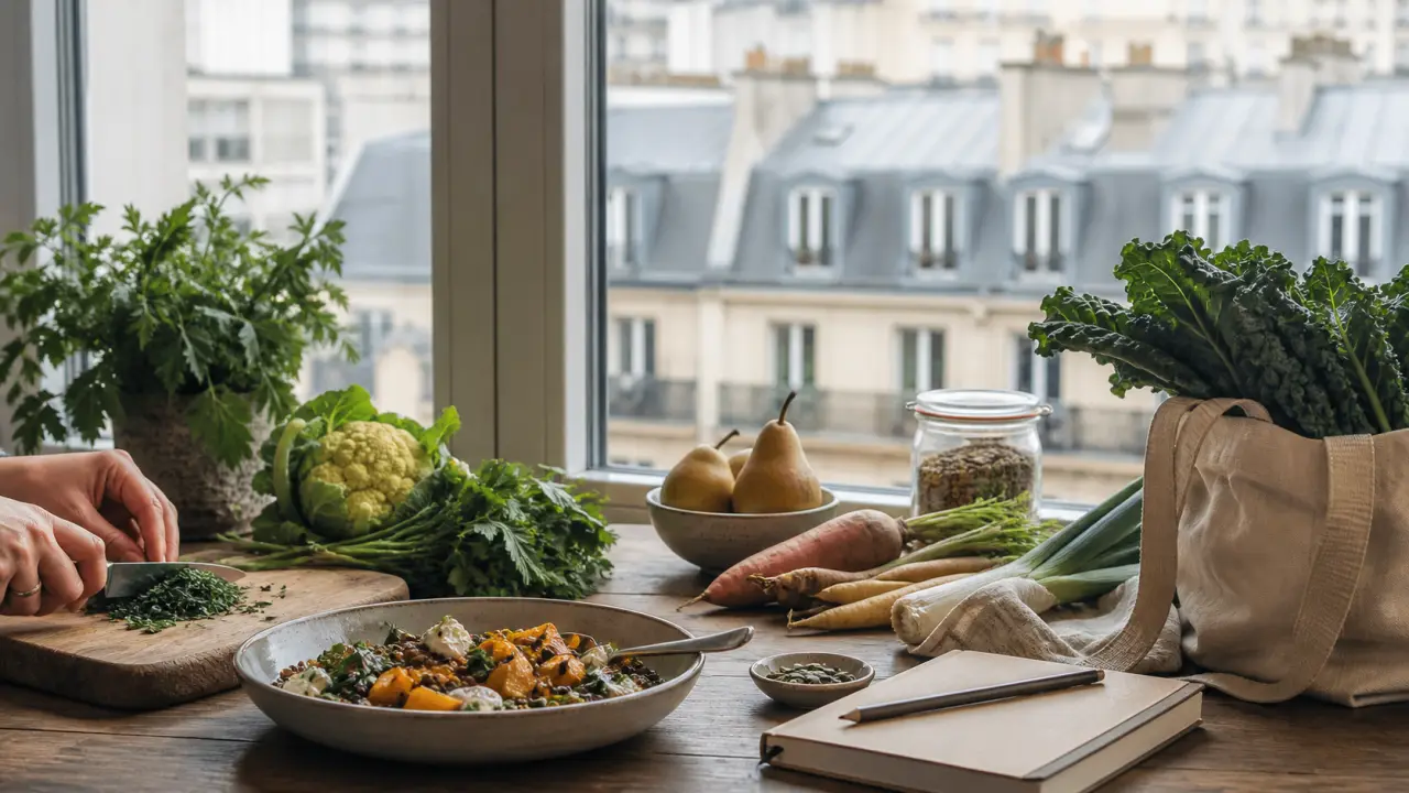 Assiette gastronomique minimaliste vue de dessus sur fond clair