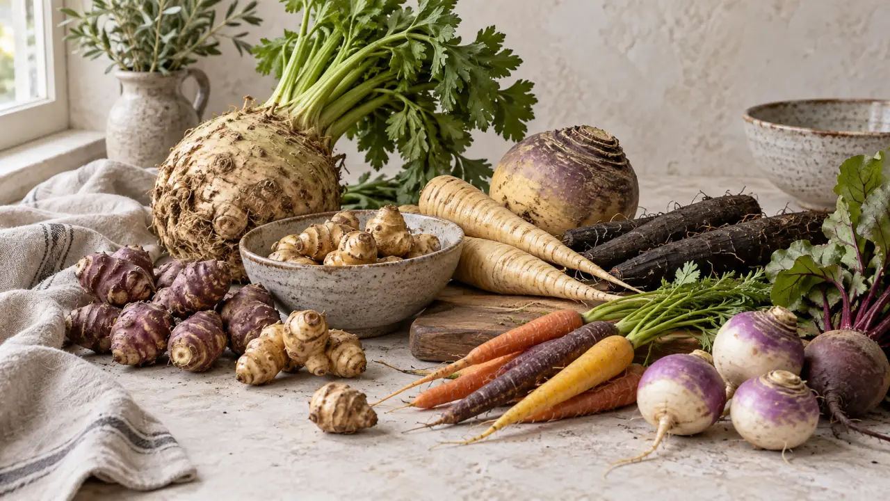 Sélection de légumes oubliés disposés sur une table claire